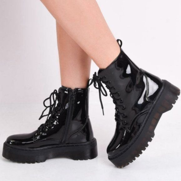 !! NEW !! Black Patent Vegan Leather Side Zip Combat Boots - Picture 7 of 9